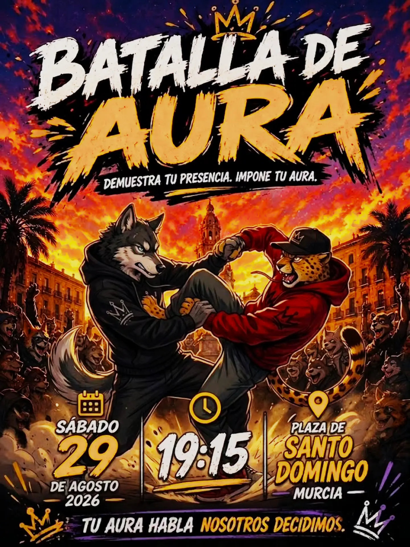 Cartel de la batalla de aura en Murcia: sábado 29 de agosto de 2026, a las 19:15, en la Plaza de Santo Domingo. Ilustración de dos personajes animales enfrentados sobre la plaza al atardecer, con el lema «demuestra tu presencia, impone tu aura».